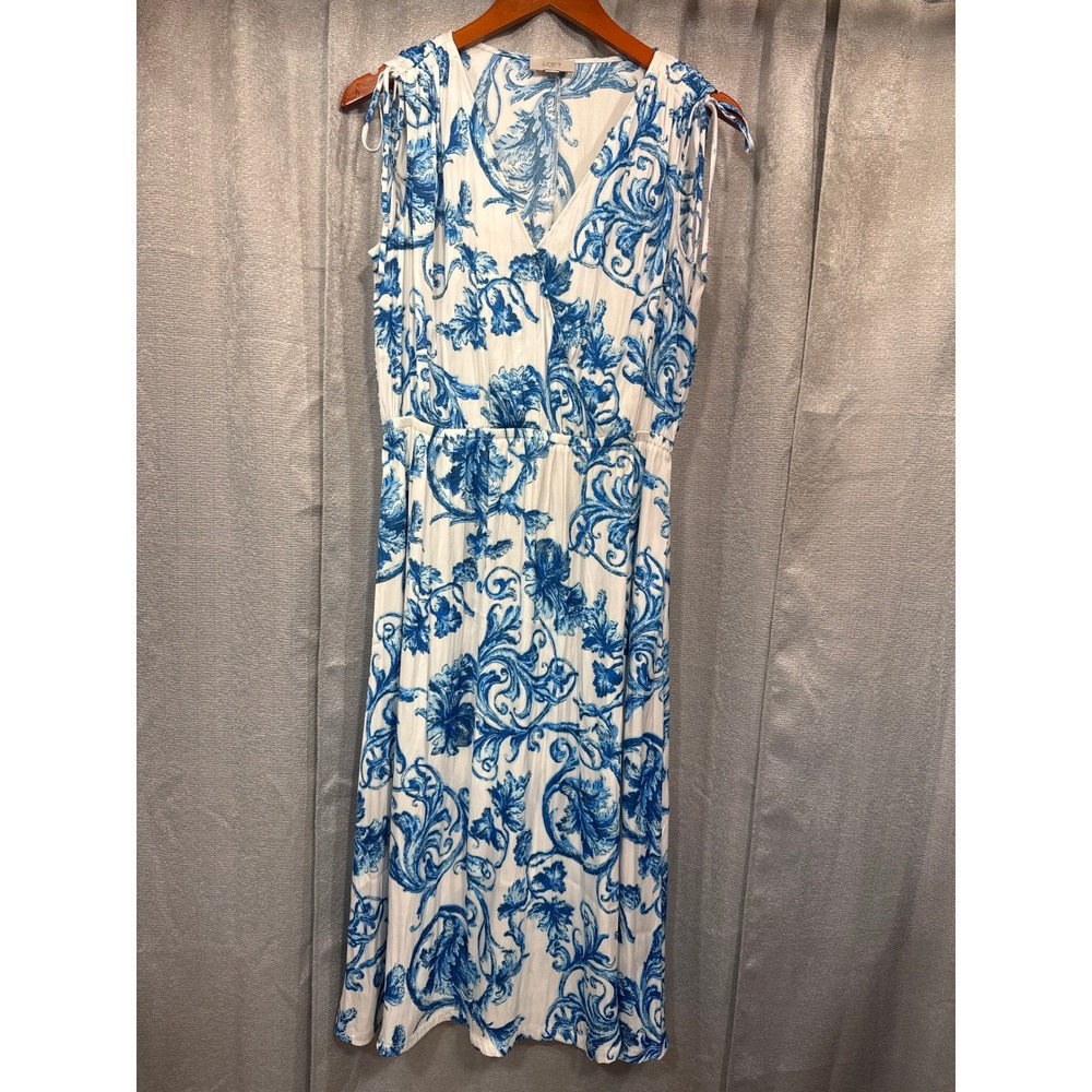 Loft Outlet Blue White Damask‎ Scroll Print Sleeveless Midi Dress Womens Medium